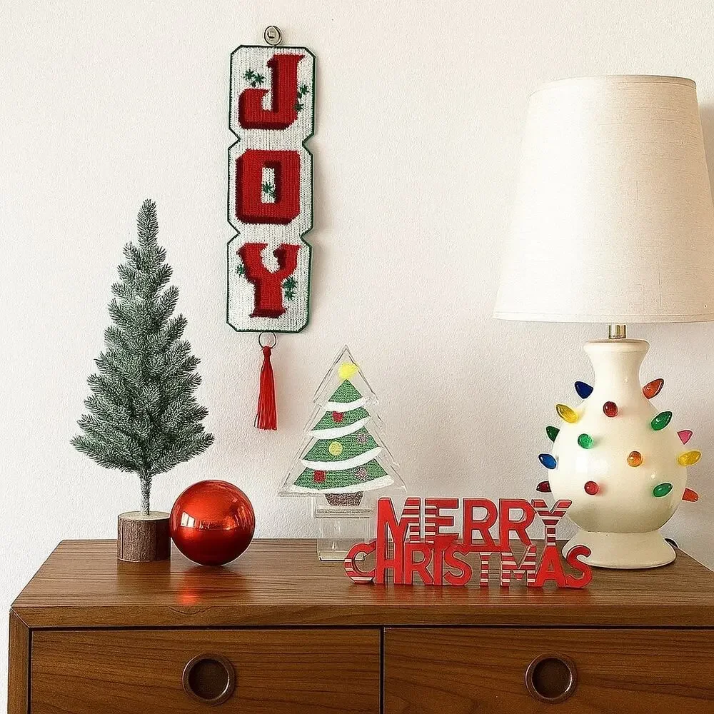 Mid Century Modern Plastic Canvas JOY Wall Hanging Christmas Decor